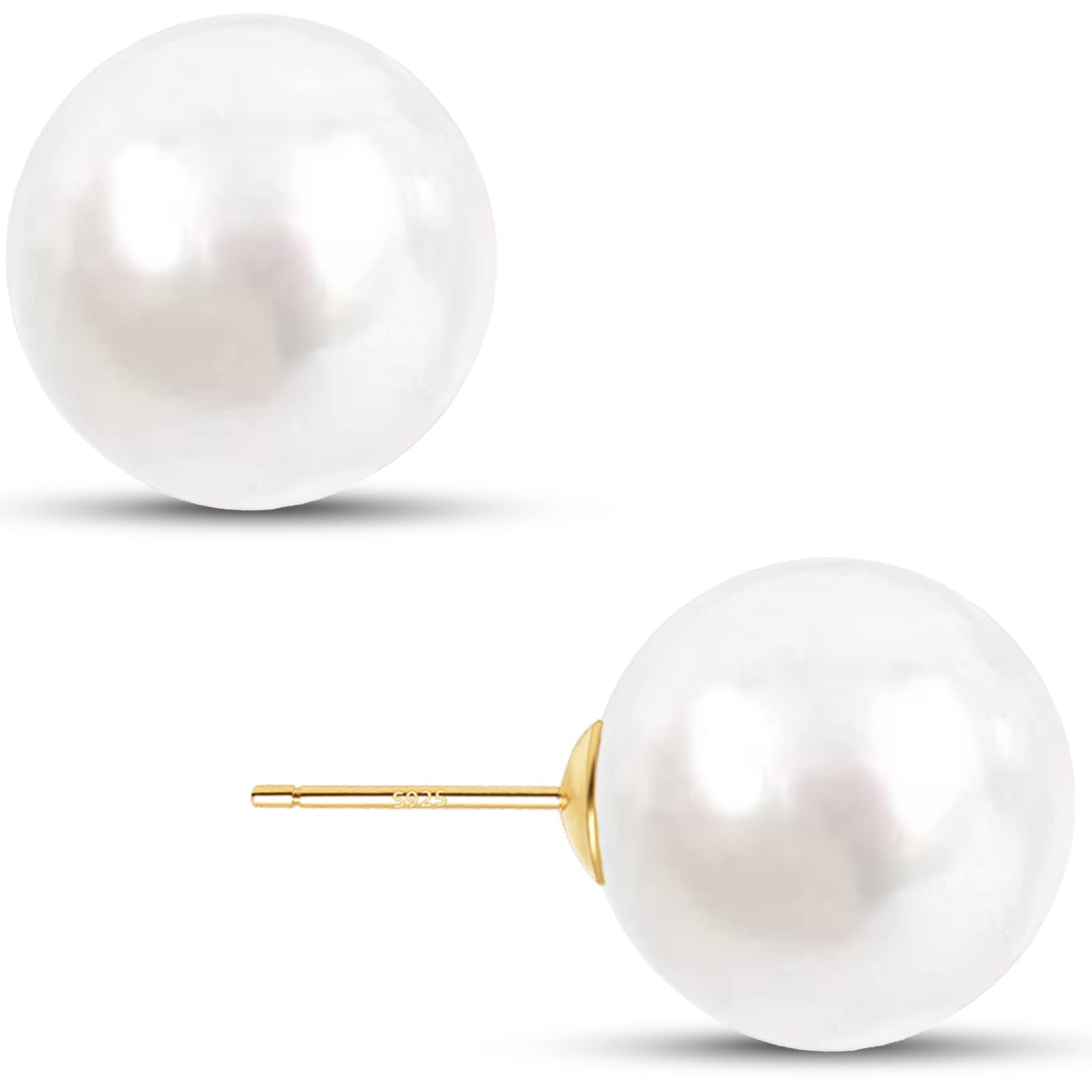 12mm Big Pearl Earrings - 18K Gold Plated Hypoallergenic Simulated Pear Earrings for women